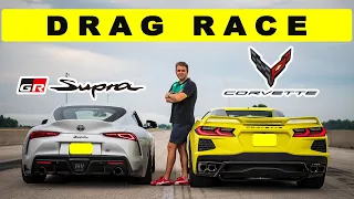 2021 Corvette C8 Convertible vs 2021 Toyota Supra 3.0 GR, comparison and drag race!