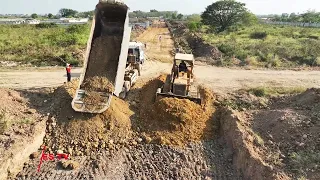 New Update Technique Skills Bulldozer Operator Building Road Foundation In Village Truck Dumping