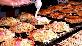 四天王寺の縁日にあるお好み焼き屋屋台の職人技　Old style Japanese street Foods OKONOMIYAKI stall | 摊