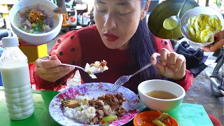 Porridge, Pork Rice, And Rice Noodle With Fish Gravy - Cambodian Daily Breakfast In Phnom Penh City