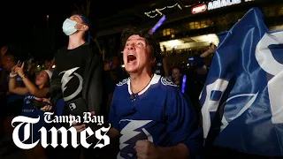 Tampa Bay Lightning fans celebrate Stanley Cup win at Amalie Arena