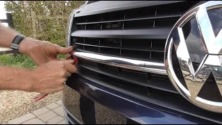 VW Transporter T6 front grille chrome strip removal.