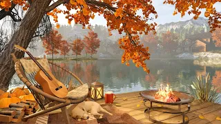 Cozy Autumn Morning Ambience by the Lake with Falling Leaves, Bonfire, Crickets & Relaxing Fall Rain
