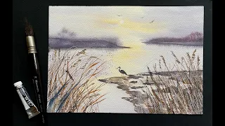 Morgaine's Beginners Watercolor Sunset EVENING LIGHT Landscape Painting tutorial Loose Watercolour