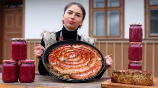 Cooking HOMEMADE SAUSAGE in the village`s wood oven! Life and food in the village