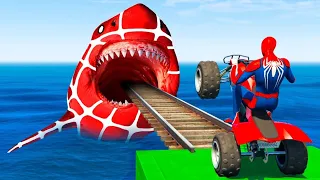 GTA 5 Crazy Ragdolls | Spiderman by Quad Bike On Rainbow Spiders Bridge (Spider Shark Jumps)