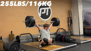 255lb/116kg Snatch, 315lb/143kg Clean and Jerk, 570lb/259kg Training Total @19 years old