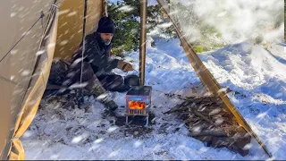 Hot Tent Winter Camping in a Stormy and Snowy Forest - Camping in the Snowy Mountains