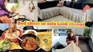 Corner sofa ko new look   comforter ko sofa covers bana dia   Husband ny banai Beaf karahi  Me