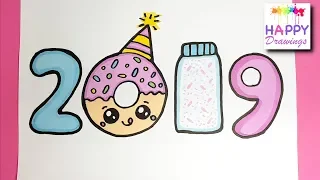 How to Draw + Color 2019 as Bubble Numbers , Donut, Sprinkles - Happy New Year