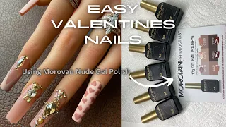 VALENTINES DAY NAIL DESIGN USING MOROVAN NUDE GEL POLISH | BROWN VALENTINES NAILS