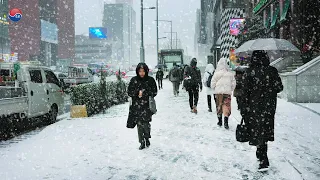 Heavy Snowfall in Seoul GANGNAM, 2 Hours Walking in Heavy Snow, Seoul Travel Walker.