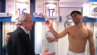 Florentino Pérez in Real Madrid dressing room after they beat Man city  3-1 to qualify for the final