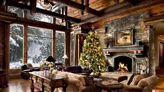 HD Christmas Tree Log Cabin Screensaver Scene - fire crackling sound - Cosy living room Snow falling