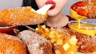 ASMR MOZZARELLA CORN DOGS 명랑핫도그 모짜렐라 치즈폭탄 먹방 (불닭소스vs치즈소스) MUKBANG KOREAN