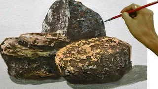 How to Paint Rocks with Textures using Palette knife and Gesso in Acrylic Painting Tutorial