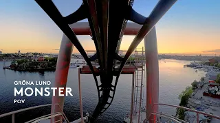 POV of Monster at Gröna Lund. Beautiful sunset with parks lights. 5k Mounted. New 2021 B&M Invert.