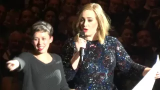 Adele with fan on stage trying to work out who Sully is, Birmingham NEC April 2nd 2016