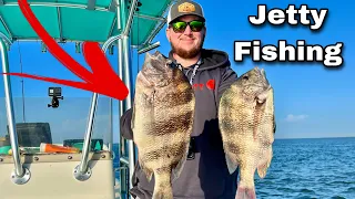 JETTY Fishing for SHEEPSHEAD with LIVE SHRIMP (Catch & Cook)