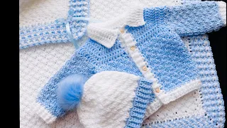 Crochet cardigan sweater, pants, hat and baby blanket pattern set for boys and girls for beginners