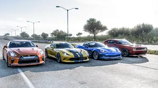 Forza Horizon 5 Drag race: Nissan GTR vs SRT Viper GTS vs Corvette ZR1 vs Dodge Challenger Hellcat