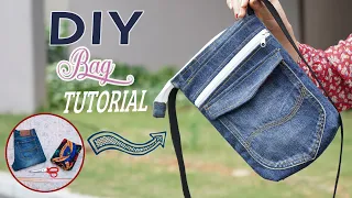 DIY JEANS CROSSBODY BAG FAST RECYCLE PANTS - Lovely Woman Bag From Old Jeans