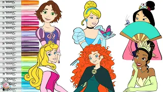 Disney Princess Coloring Book Compilation Merida Rapunzel Mulan Cinderella Aurora and Tiana