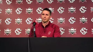 South Carolina’s new pitching coach Skylar Meade talks with reporters