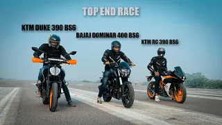 KTM Duke 390 BS6 vs Bajaj Dominar 400 BS6 vs KTM RC 390 BS6 | Top End Race | Must watch