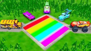 Giant Rainbow Square Pit Vs Big & Small Lightning McQueen And Pixar Cars in BeamNG Drive Battle!