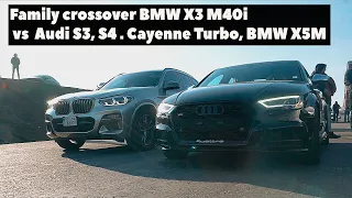 Family crossover BMW X3 M40i vs. Audi S3, S4, X5M. Cayenne Turbo