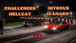 DODGE CHALLENGER HELLCAT VS NITROUS CHEVY CAMARO Z28 + GLC63 AMG VS CAMARO | GRUDGE RACING | 4K