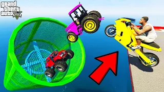 FRANKLIN TRIED IMPOSSIBLE RAMP JUMP INTO TUNNEL PARKOUR CHALLENGE CAR BIKE GTA 5 | SHINCHAN and CHOP