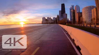 Chicago lakefront virtual bike ride during spectacular sunrise. [4K]