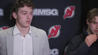 Jack Hughes, Luke Hughes, Toffoli and Ruff speak to the media before playing the Canadiens