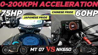 Yamaha MT07 🆚️ CFMoto NK650 | 0-200kph Acceleration | Top Speed Attempt 🔥