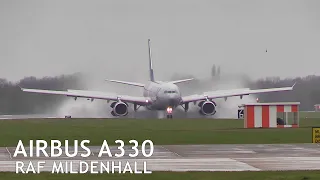 Crosswind landing for National Airlines Airbus A330 - Wet and windy RAF Mildenhall