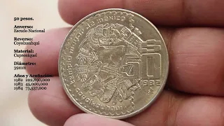 Vista de mis monedas de 50 pesos de 1982 a 1984 de mi colección