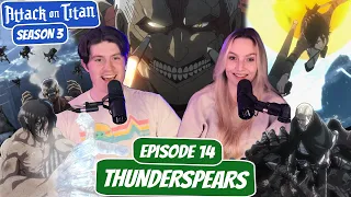 REINER VS THUNDERSPEARS! | Attack on Titan Season 3 Reaction w/ my Girlfriend | Ep 14 “Thunderspear"