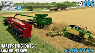 Harvesting oats w/ John Deere combine, straw bale stacking | Elmcreek Farm | FS 22 | Timelapse #106