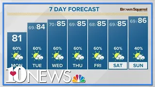 Mild and muggy again Monday with scattered showers and a few storms