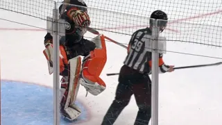 Play Is Stopped After John Gibson Gets Stick Stuck In His Equipment