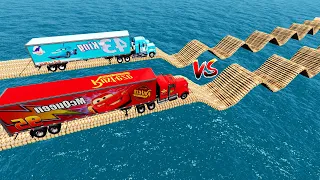 Mack Truck VS King Dinoco Truck Vs Impossible Log Wave Bridge Crossing  Deepwater- BeamNG.Drive