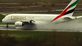 AMAZING Emirates Airbus A380 WET RUNWAY Landing at Madrid Barajas Airport (MAD) | A6-EOO