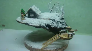 Christmas composition. Miniature. Snowy house. Christmas decoration.DIY.