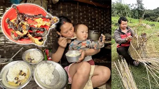 Rita cooks buff curry & rice || Rojan making sewing  bamboo basket ||