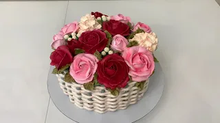 Торт Букет  КОРЗИНА Роз! Розы и Гортензия из БЗК! Красивый торт!