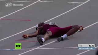 Superman dive performed at the finish line