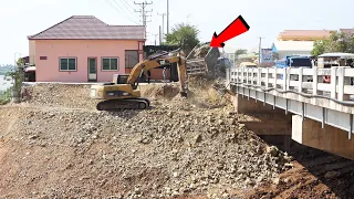 Technique Skills! Building Canal Side Slope Under Bridge​ Of Power CAT 320D Excavator & 5Ton Trucks