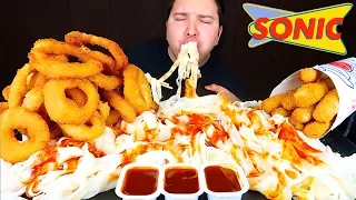 Spicy Fire Fettuccine Alfredo, Mozzarella Sticks, & Onion Rings • MUKBANG